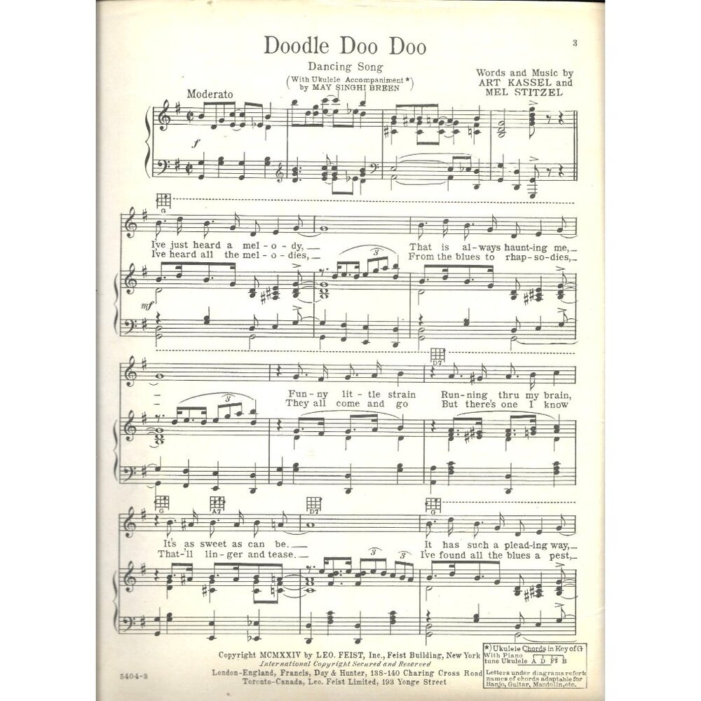 Antique 1920s Leo Feist Sheet Music "Doodle-Doo-Doo" by Art Kassel & Mel Stitzel - Picture 4 of 4
